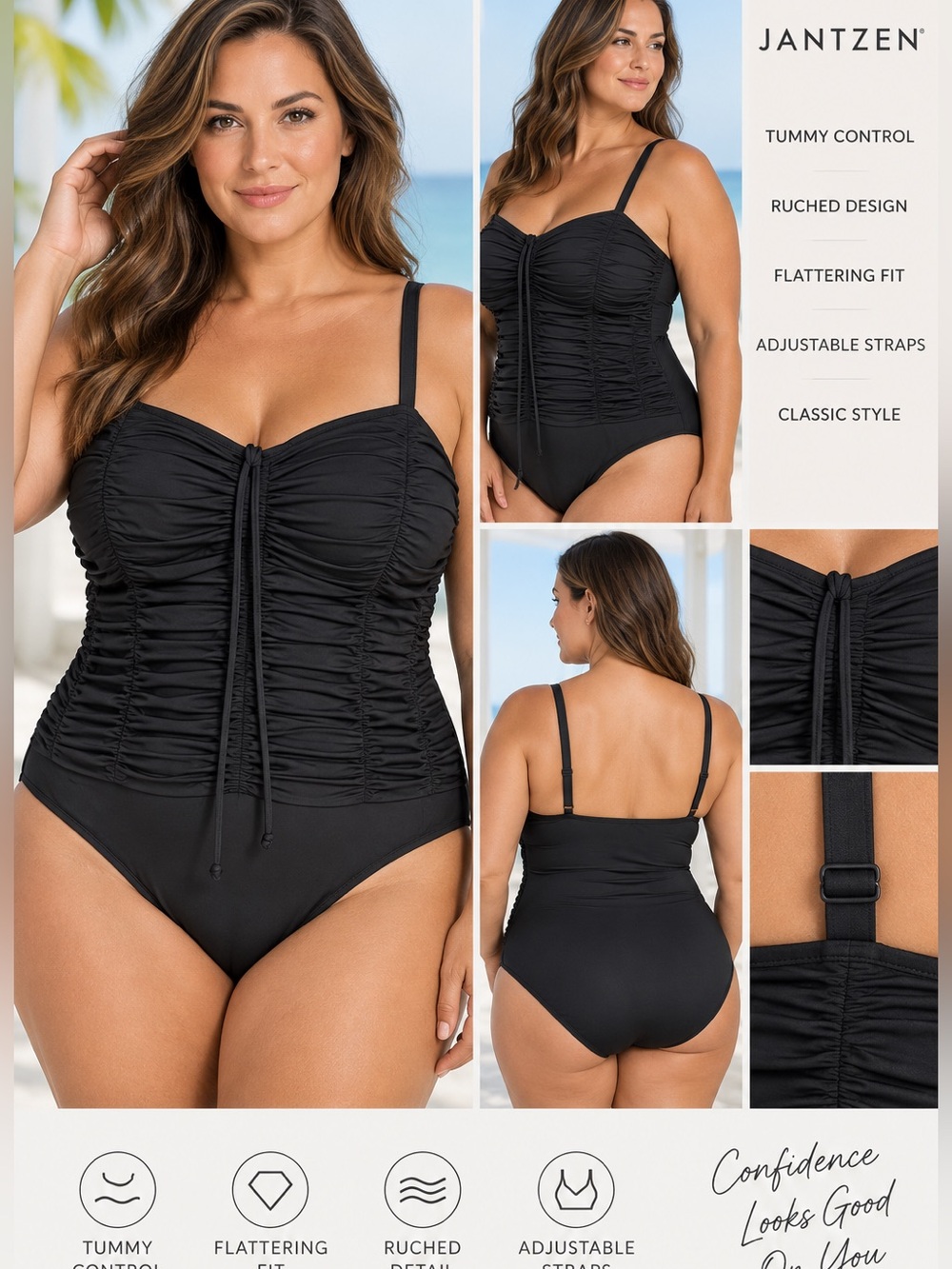 NWT Jantzen Black Tummy Control One Piece Swimsuit Size 18 Ruched Slimming